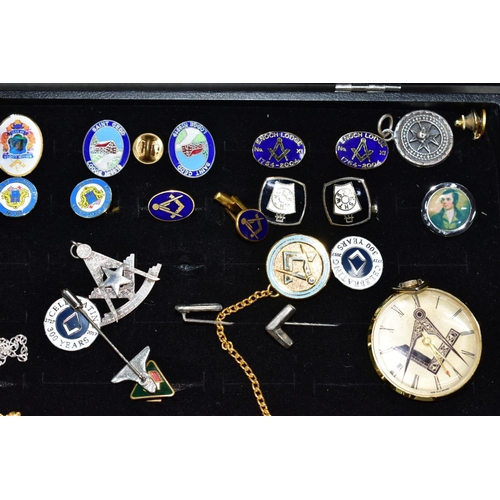140 - A JEWELLERY BOX OF MASONIC COSTUME JEWELLERY, to include signet rings, cufflinks, money clip, stick ... 