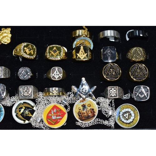 140 - A JEWELLERY BOX OF MASONIC COSTUME JEWELLERY, to include signet rings, cufflinks, money clip, stick ... 