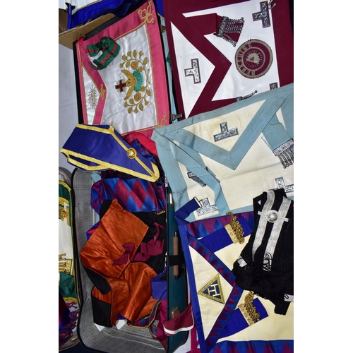141 - A LARGE QUANTITY OF MASONIC BOOKS AND REGALIA, to include a number of aprons in two suitcases and a ... 
