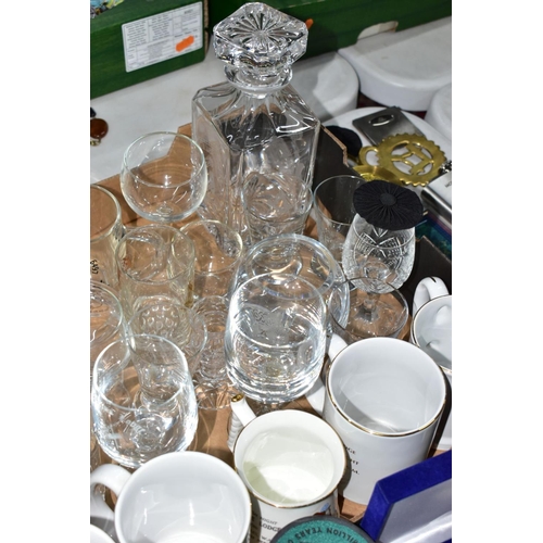 142 - TWO BOXES OF GLASSWARE AND MASONIC COLLECTABLES, many pressed and plain glasses with etched and engr... 