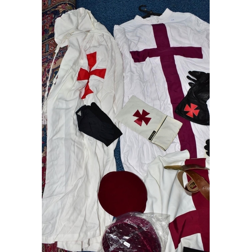 143 - A CASE OF MASONIC KNIGHTS TEMPLAR REGALIA AND OTHERS, to include a red and cream knights templar pri... 