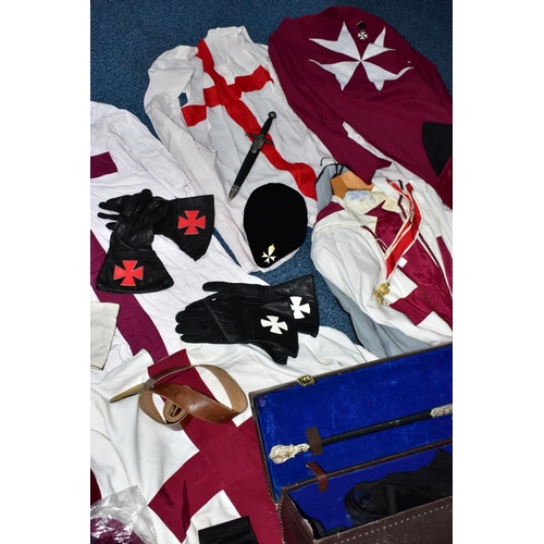 143 - A CASE OF MASONIC KNIGHTS TEMPLAR REGALIA AND OTHERS, to include a red and cream knights templar pri... 