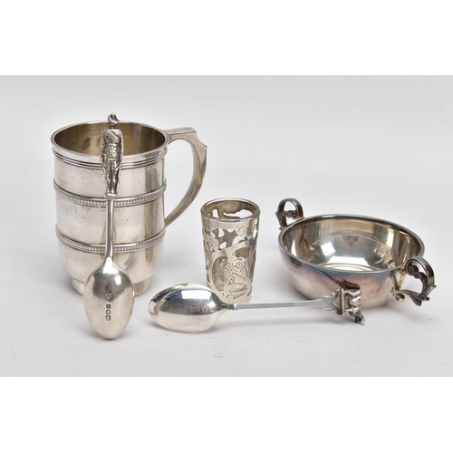 145 - FIVE SILVER ITEMS, to include an early 20th century silver cup with vertical banded detail, silver h... 