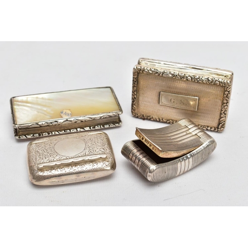 146 - FOUR SILVER SNUFF BOXES, to include a silver Edwardian example with engraved ivy detail, a mid Victo... 