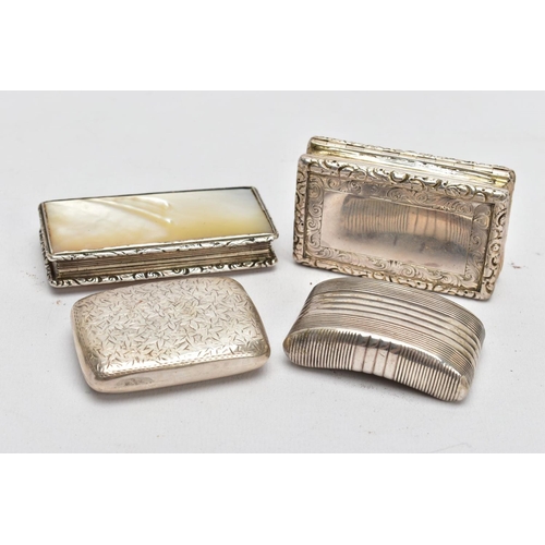 146 - FOUR SILVER SNUFF BOXES, to include a silver Edwardian example with engraved ivy detail, a mid Victo... 