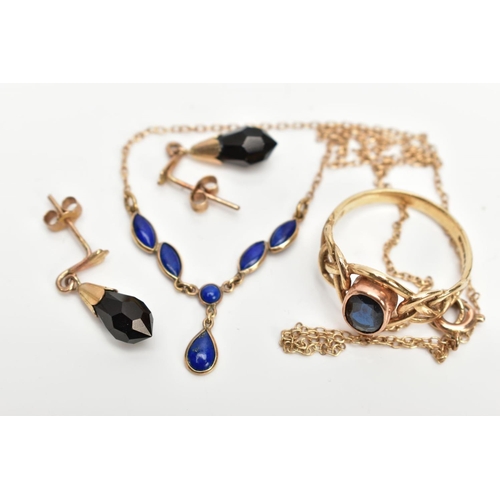 149 - THREE ITEMS OF JEWELLERY ITEMS TO INCLUDE; A 9ct gold fine lapis lazuli necklet, hallmarked 9ct gold... 