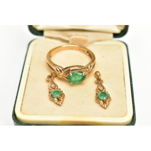 150 - A PAIR OF EMERALD AND DIAMOND EARRINGS AND AN EMERALD AND DIAMOND RING, a pair of emerald and diamon... 