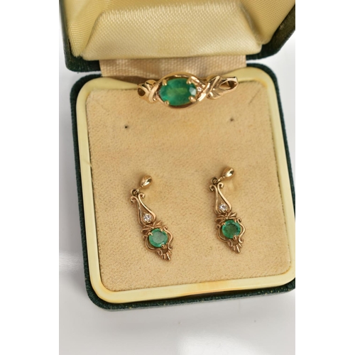 150 - A PAIR OF EMERALD AND DIAMOND EARRINGS AND AN EMERALD AND DIAMOND RING, a pair of emerald and diamon... 