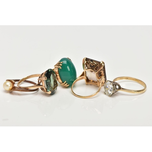 153 - FIVE MODERN DRESS RINGS, all hallmarked or stamped '9ct', to include a large Citrine, a dyed green a... 