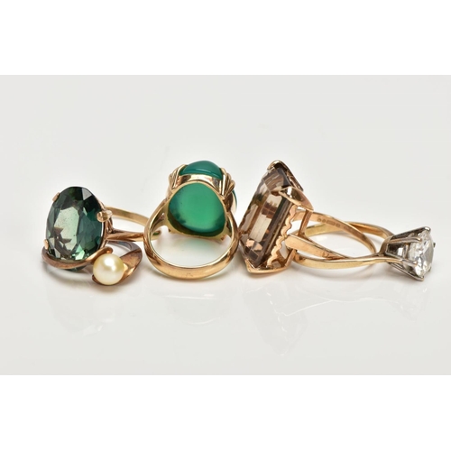 153 - FIVE MODERN DRESS RINGS, all hallmarked or stamped '9ct', to include a large Citrine, a dyed green a... 