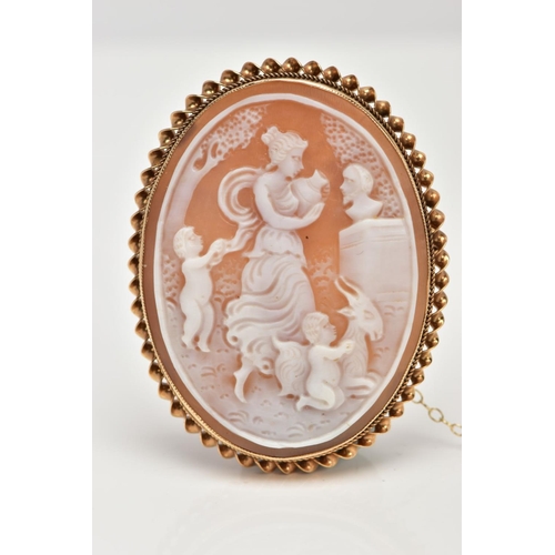 155 - A LATE 20TH CENTURY CAMEO BROOCH, a shell cameo depicting a classical scene, measuring 46.0mm x 35.0... 