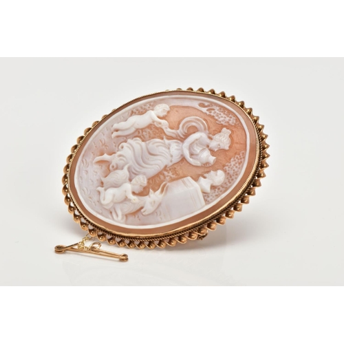 155 - A LATE 20TH CENTURY CAMEO BROOCH, a shell cameo depicting a classical scene, measuring 46.0mm x 35.0... 