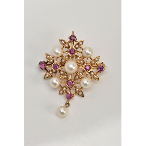 156 - A 9CT GOLD RUBY AND CULTURED PEARL FANCY BROOCH PENDANT, measuring approximately 35mm in diameter, f... 
