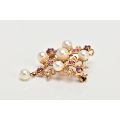 156 - A 9CT GOLD RUBY AND CULTURED PEARL FANCY BROOCH PENDANT, measuring approximately 35mm in diameter, f... 