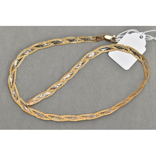 159 - A MODERN 9CT GOLD YELLOW AND WHITE GOLD FLAT LINK PLAITED NECKLACE, textured and diamond cut finish,... 