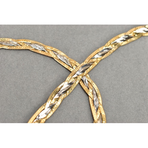 159 - A MODERN 9CT GOLD YELLOW AND WHITE GOLD FLAT LINK PLAITED NECKLACE, textured and diamond cut finish,... 
