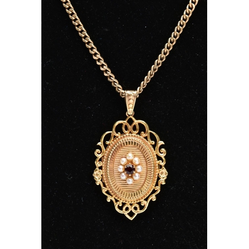161 - A MODERN 9CT GOLD FANCY OVAL CULTURED PEARL AND GARNET LOCKET AND FILED CURB CHAIN, oval locket cent... 