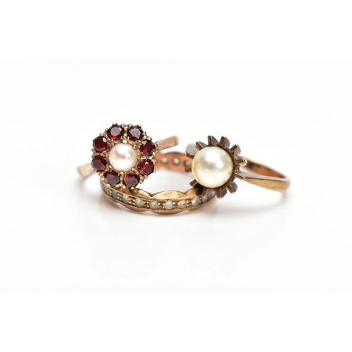 162 - THREE DRESS RINGS, to include a hallmarked 9ct gold cultured pearl and garnet cluster ring, ring siz... 