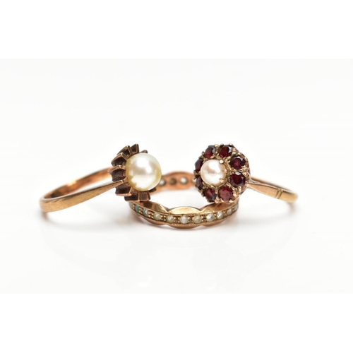 162 - THREE DRESS RINGS, to include a hallmarked 9ct gold cultured pearl and garnet cluster ring, ring siz... 