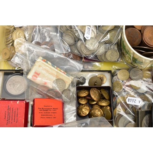 168 - A BOX CONTAINING VARIOUS COINS, MEDALS, COMMEMORATIVES to include over 2.7 kilos of pre 47 coins, tw... 