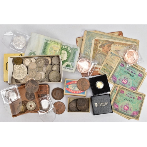 169 - A SMALL CARDBOARD BOX OF COINS to include a boxed Hattons quarter sovereign UNA & Lion, two Zuid Afr... 