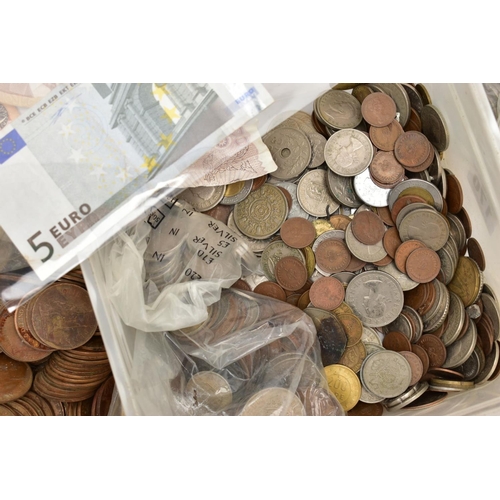 170 - A PLASTIC TUB CONTAINING WORLD COINS AND USED BANKNOTES