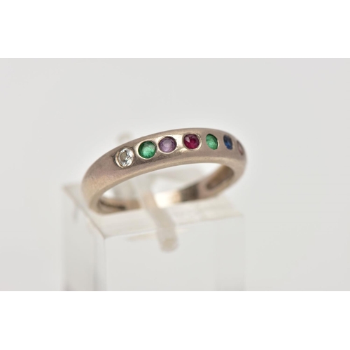 18 - AN 18CT WHITE GOLD 'DEAREST' ACROSTIC RING, designed with a row of circular cut stones in the sequen... 