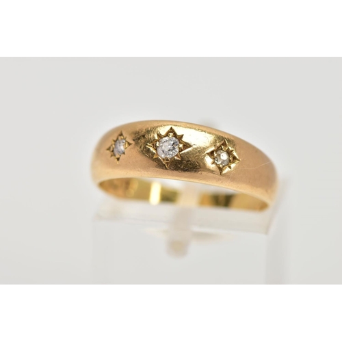 19 - AN 18CT GOLD THREE STONE DIAMOND RING, designed with three, star set old cut diamonds, total estimat... 