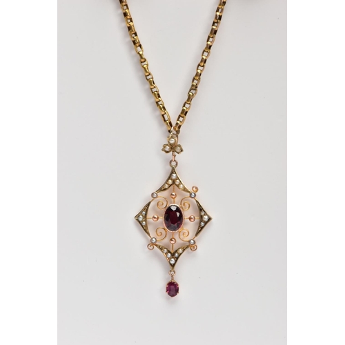 22 - AN EARLY 20TH CENTURY GARNET AND SPLIT PEARL PENDANT NECKLACE, the openwork drop pendant, set with a... 