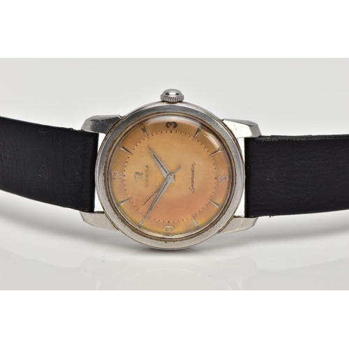 25 - A HAND WOUND OMEGA SEAMASTER WRISTWATCH, discoloured dial with Arabic markers quarterly and pointed ... 