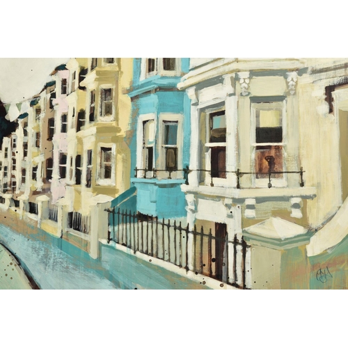 270 - CAMILLA DOWSE (BRITISH 1968) 'JUBILEE STREET 1' a street of colourful houses, initialled bottom righ... 
