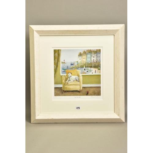 275 - REBECCA LARDNER (BRITISH 1971) 'SEASIDE SEAT' a limited edition print of a dog on a chair 58/195, si... 