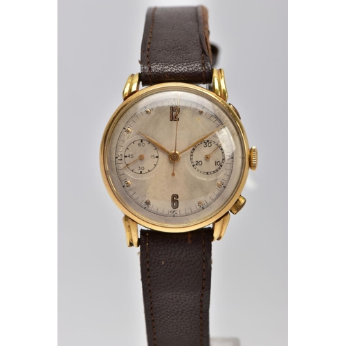 29 - A MINERVA 18CT GOLD TWIN DIAL CHRONOGRAPH WRISTWATCH, discoloured silver dial with gold coloured Ara... 