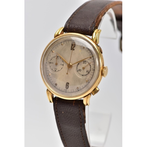 29 - A MINERVA 18CT GOLD TWIN DIAL CHRONOGRAPH WRISTWATCH, discoloured silver dial with gold coloured Ara... 