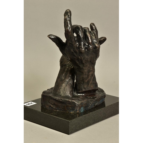 296 - ROLF HARRIS (AUSTRALIAN 1930) 'INTUITUIONS' a limited edition bronze sculpture of two hands 118/595,... 