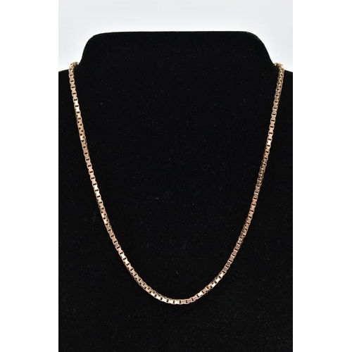 3 - A 9CT GOLD BOX LINK CHAIN, fitted with a spring clasp, hallmarked 9ct gold Sheffield import, length ... 