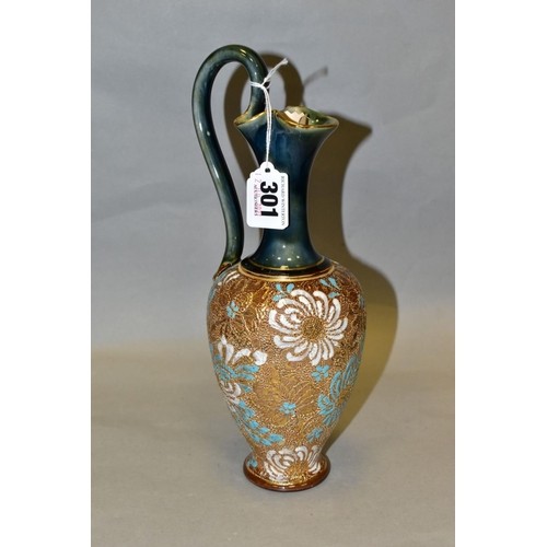 301 - A ROYAL DOULTON SLATERS PATENT STONEWARE EWER, mottled green/blue glazed handle and neck, the balust... 