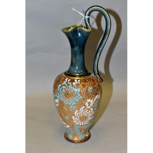 301 - A ROYAL DOULTON SLATERS PATENT STONEWARE EWER, mottled green/blue glazed handle and neck, the balust... 