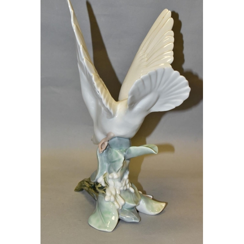 303 - A LLADRO TURTLE DOVE, model no 4550, perched on leaves with wings raised, designed by Fulgencio Garc... 