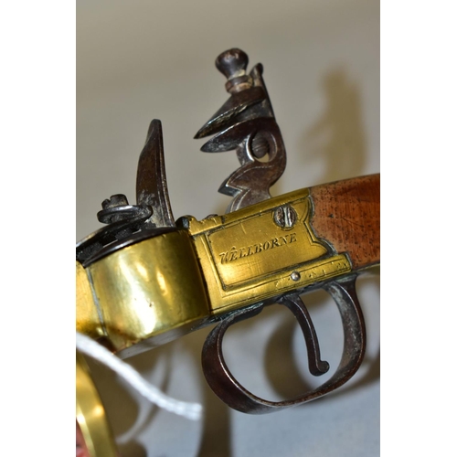 308 - A LATE 18TH/EARLY 19TH CENTURY ENGLISH FLINTLOCK TINDER LIGHTER BY WELLBORNE OF DONCASTER, flat side... 