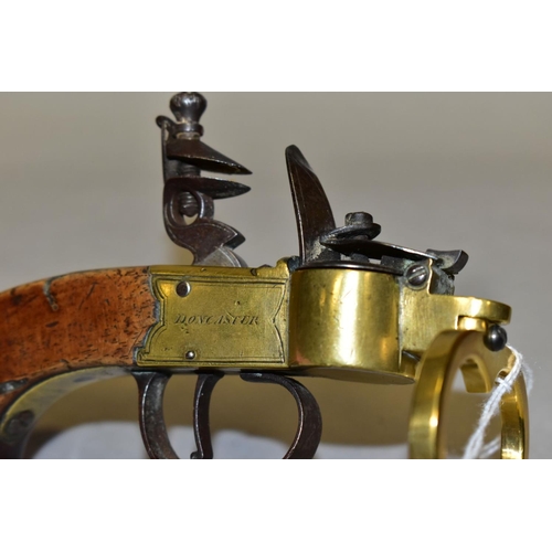 308 - A LATE 18TH/EARLY 19TH CENTURY ENGLISH FLINTLOCK TINDER LIGHTER BY WELLBORNE OF DONCASTER, flat side... 