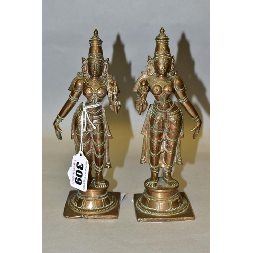 309 - A NEAR PAIR OF BRONZE FIGURES OF PARVATI HOLDING A LOTUS FLOWER, cast on a circular plinth with squa... 