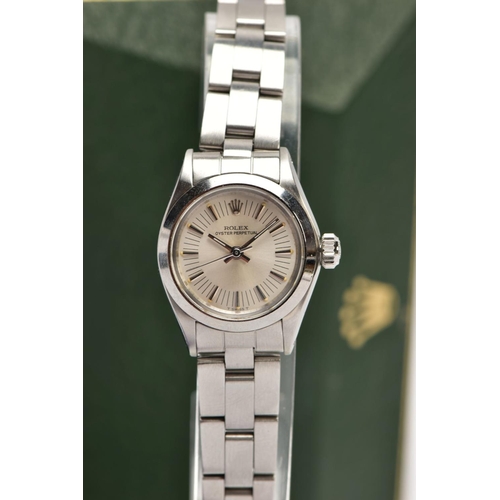 31 - A 26MM STAINLESS-STEEL ROLEX OYSTER PERPETUAL WRISTWATCH, silvered dial with baton markers, stainles... 