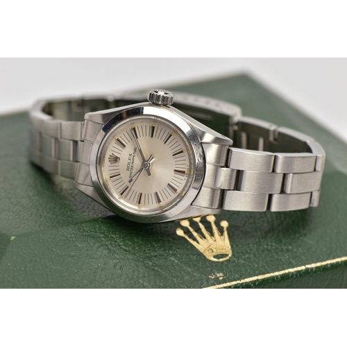 31 - A 26MM STAINLESS-STEEL ROLEX OYSTER PERPETUAL WRISTWATCH, silvered dial with baton markers, stainles... 
