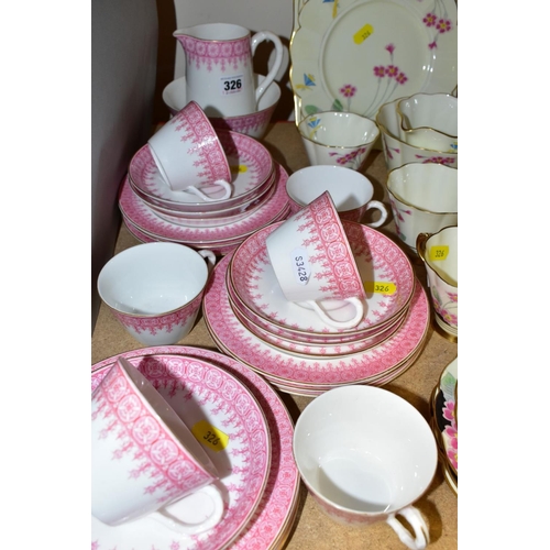 326 - FOUR TEA/DINNER SETS, comprising Royal Worcester pink trim decorated part tea service (milk, jug, su... 