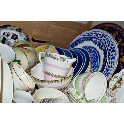 329 - THREE BOXES AND LOOSE CERAMICS, STONEWARE, GLASS SHADES, ETC, to include a W & Sons porcelain 'Princ... 