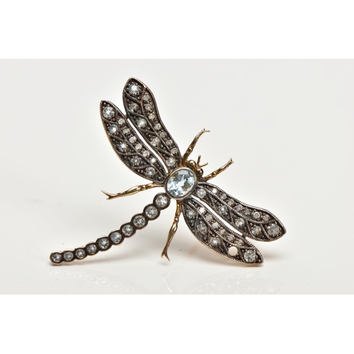 33 - A DRAGONFLY GEM BROOCH, designed as a central oval blue topaz body and circular blue topaz tail, the... 