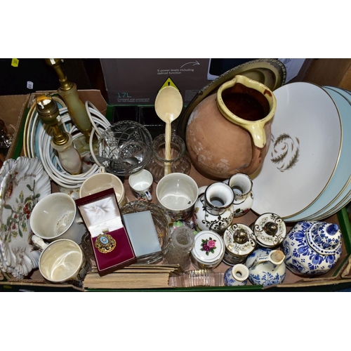 331 - FOUR BOXES AND LOOSE CERAMICS, GLASS, RECORDS, SUNDRIES etc, to include a German domed Anniversary c... 