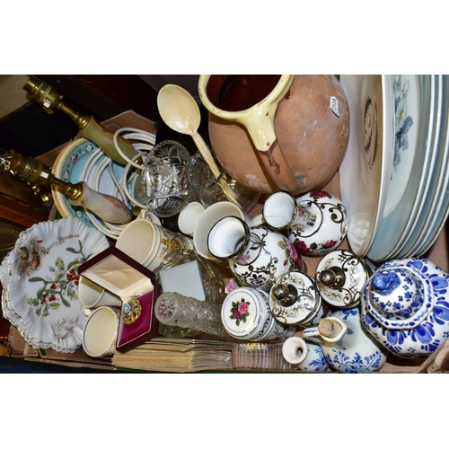 331 - FOUR BOXES AND LOOSE CERAMICS, GLASS, RECORDS, SUNDRIES etc, to include a German domed Anniversary c... 