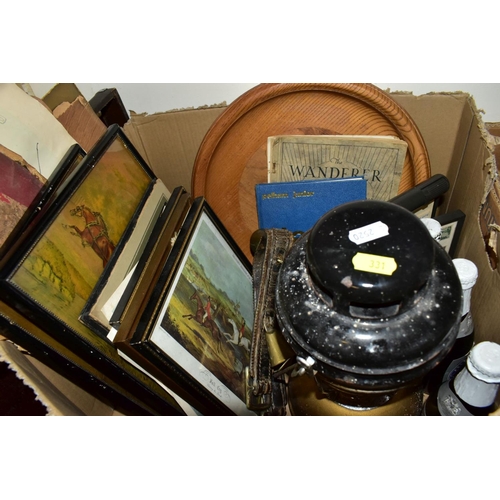 331 - FOUR BOXES AND LOOSE CERAMICS, GLASS, RECORDS, SUNDRIES etc, to include a German domed Anniversary c... 